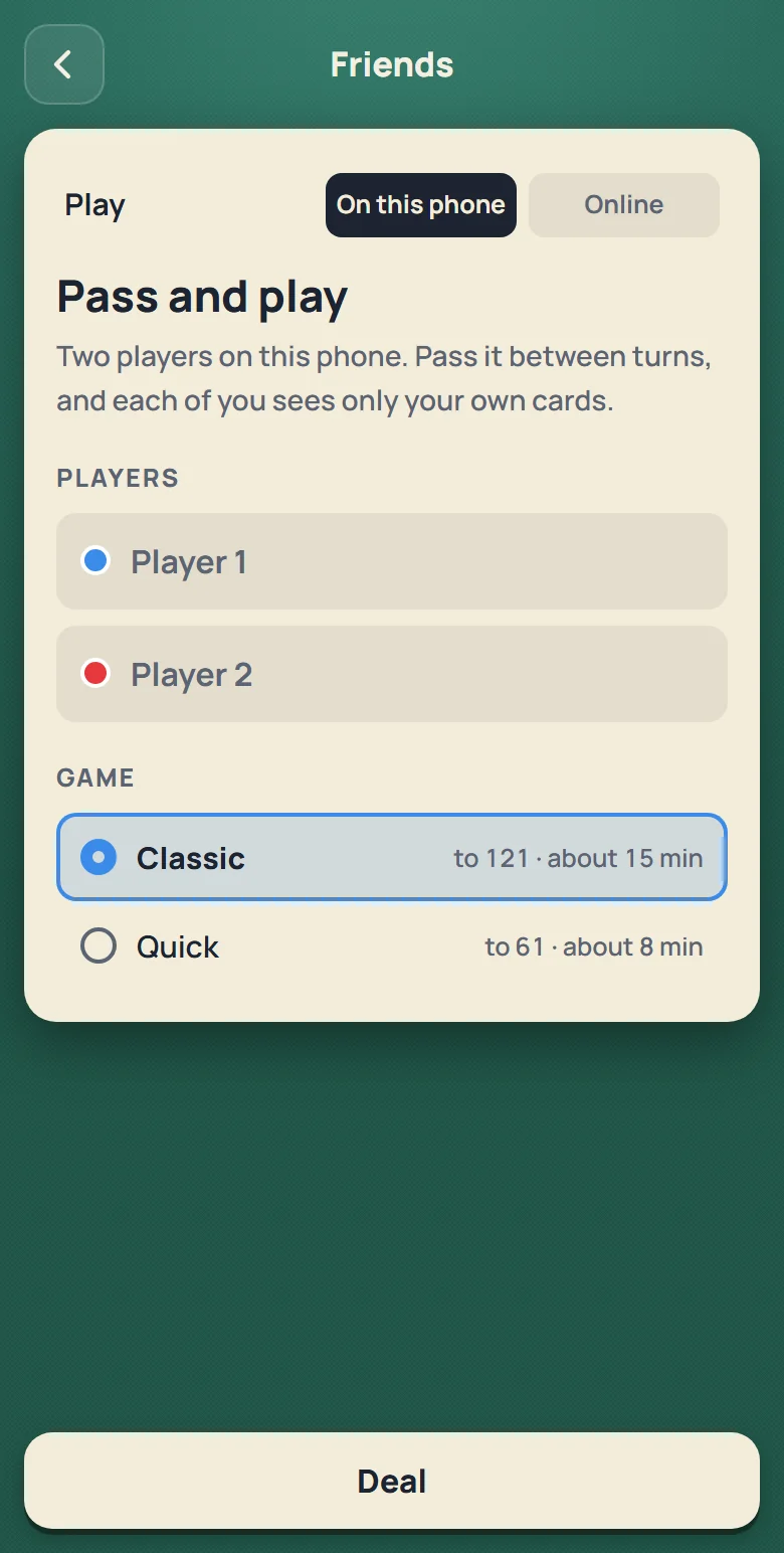 The app’s Friends screen on this phone: pass and play, two names, Classic or Quick